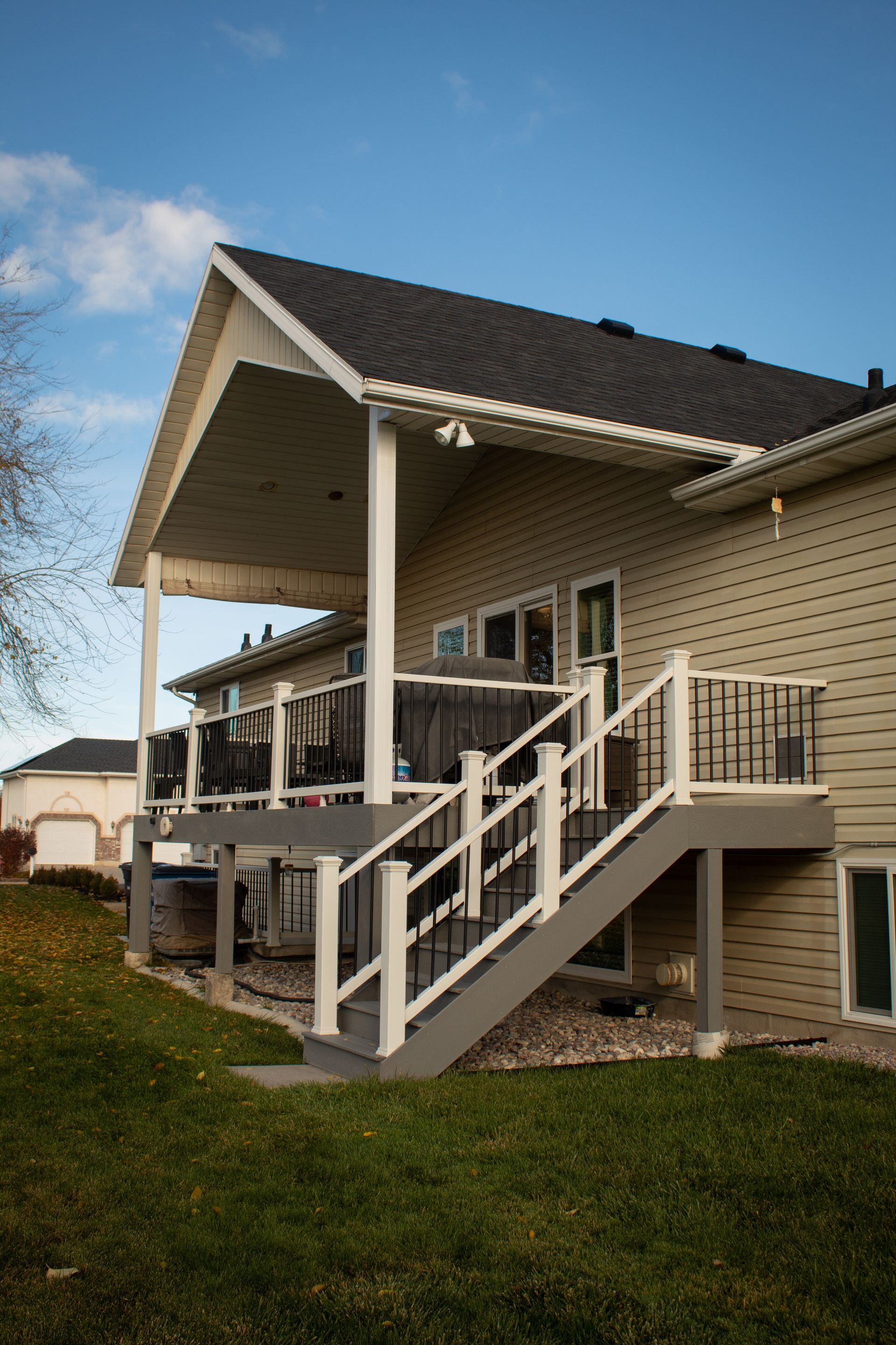 Large backyard deck and stairs